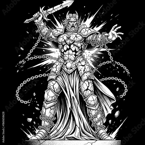 Powerful armored warrior king breaking chains with sword raised high.