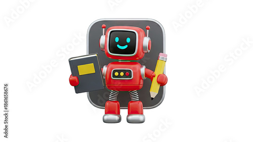 3D Robot Holding Book and Pencil