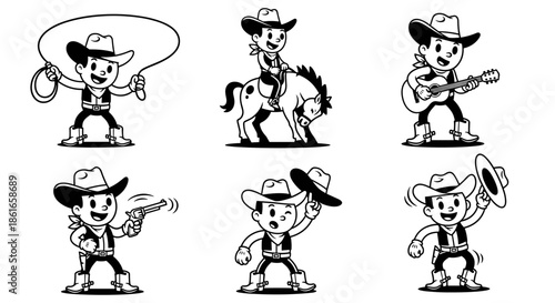 Cartoon Cowboy Character Set with Various Poses and Actions.