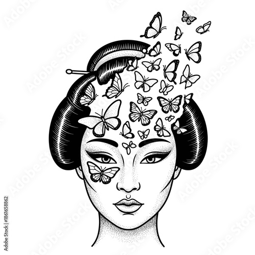 Beautiful Geisha Face With Butterflies Emerging From Her Head.