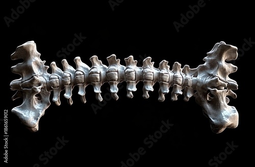 Detailed view of a human spine skeleton isolated on black background showing vertebrae and pelvic bones with anatomical structure