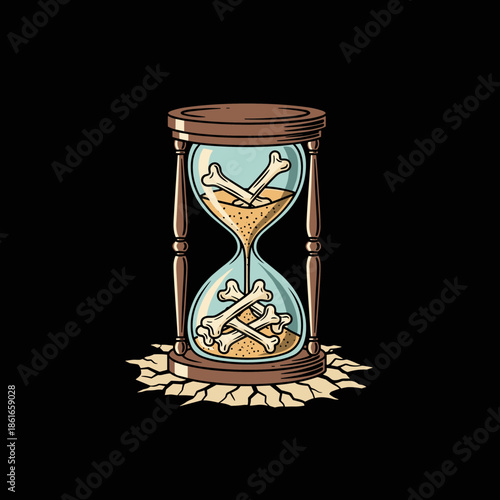 Hourglass filled with bones symbolizing the passage of time and mortality.
