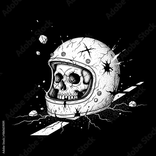 Skull inside a cracked motorcycle helmet on a dark background.