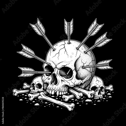 A detailed illustration of a skull pierced by arrows surrounded by bones.