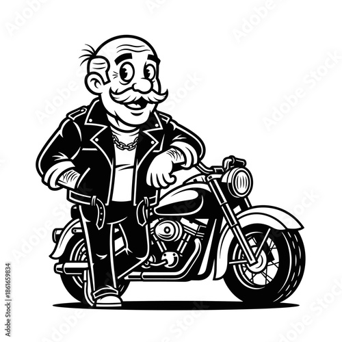 Cartoon Man with Mustache and Leather Jacket Posing with Motorcycle.