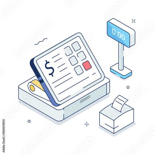 An easy to edit isometric illustration of retail cash counter