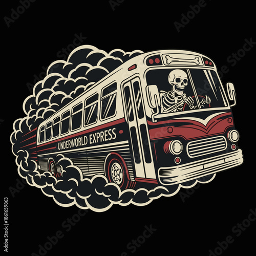 Skeleton driving a bus with underworld express text.