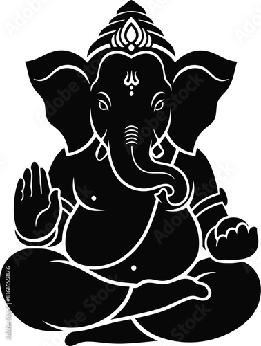 Black and white illustration of Ganesha the remover of obstacles in a meditative pose