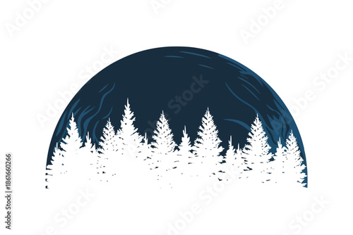 Silhouette of white pine trees against a dark blue moon or sky forest