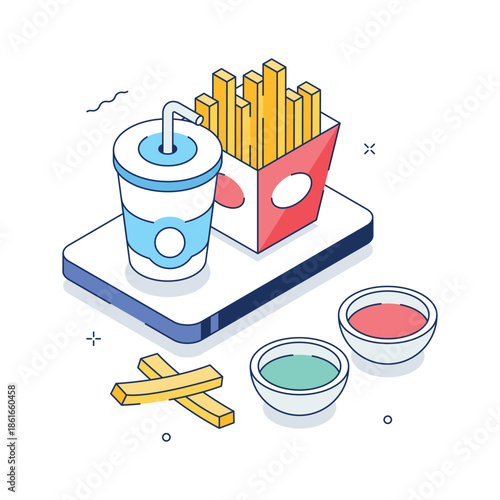 A modern isometric illustration of french fries serving