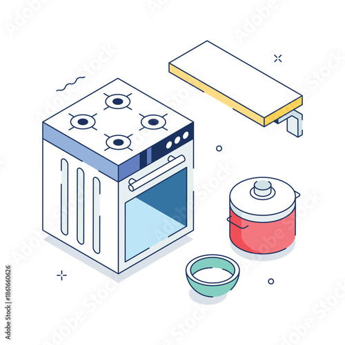 A visually engaging isometric illustration of open kitchen layout