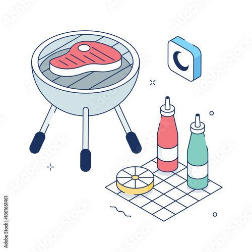 A visually appealing isometric illustration of barbecue grill
