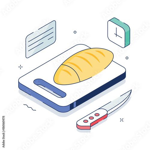 A modern isometric illustration of bread cutting process