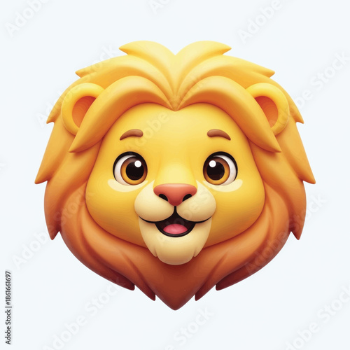 Closeup lion emoji head portrait with bright mane and friendly expression, stylized cartoon animal icon.