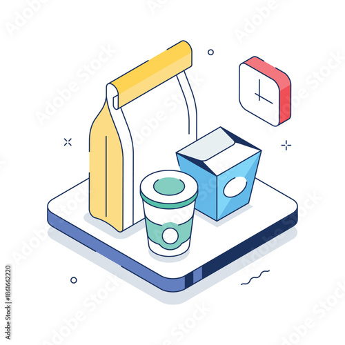 A modern isometric illustration of takeout meal packaging