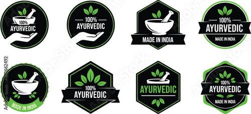 Ayurvedic organic product badges collection with green leaves mortar pestle symbols for natural herbal medicine branding packaging labels