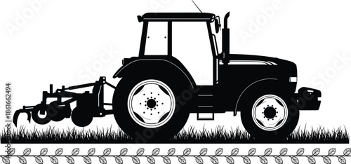 Agricultural tractor silhouette vector illustration with plow attachment, farming machinery icon for rural agriculture, cultivation, harvest, countryside design landscape concept, black white graphic