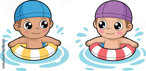 Cute baby swimming cartoon vector illustration featuring happy kids in inflatable rings, summer pool fun, colorful flat design, children water activity, isolated on white background