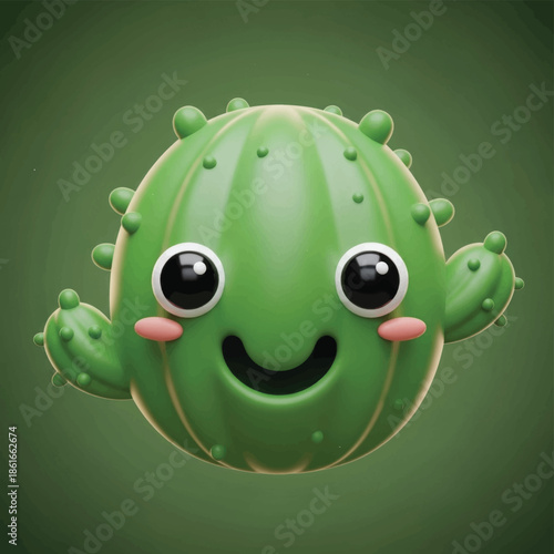 Cheerful cartoon cactus character with rosy cheeks floating against a green gradient background.