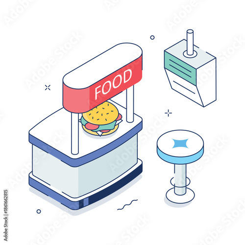 A modern isometric illustration of fast food counter