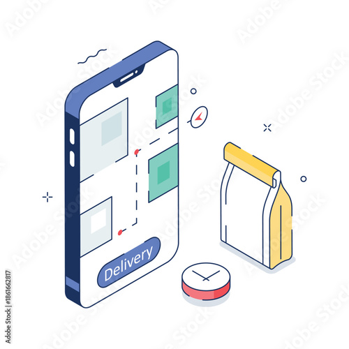 A visually engaging isometric illustration of food delivery tracking