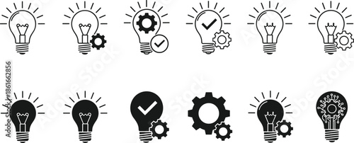 Light bulb idea icons set with gear check symbols, creative innovation solution concept vector illustration for business technology design branding ui