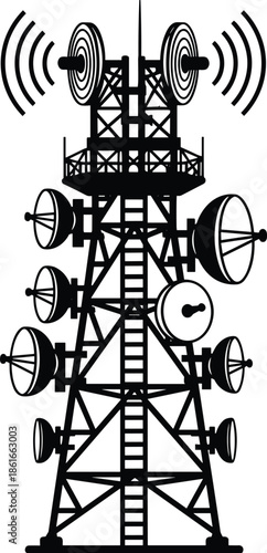 Telecommunication tower vector illustration showing radio signal transmission, cellular network infrastructure, wireless communication technology, broadcast antenna design, isolated silhouette style