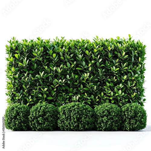 Green hedge with ornamental bushes trimmed high resolution picture