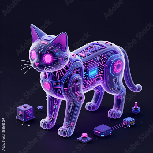 A futuristic purple cybernetic cat with glowing circuits and an integrated data display