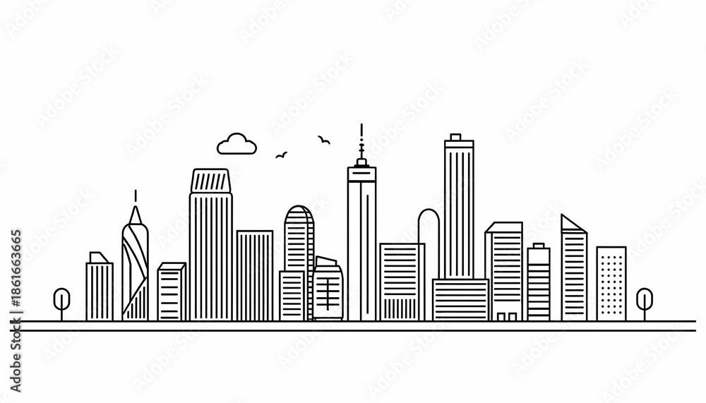 Obraz premium Modern city skyline with skyscrapers and urban landscape