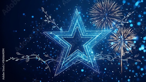 A glowing, outlined five-pointed star is adorned with foliage and fireworks against a dark blue, sparkly background