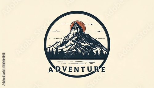 Vintage Adventure Logo Featuring Mountain and Forest Landscape.