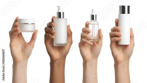 Professional cosmetic product range mockup held by multiple hands, minimalist white and transparent packaging collection on white background.