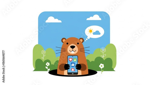 Groundhog Day Tech: A charming groundhog pops its head out of its burrow, gazing at the weather forecast on its smartphone, surrounded by a bright blue sky and fluffy clouds.