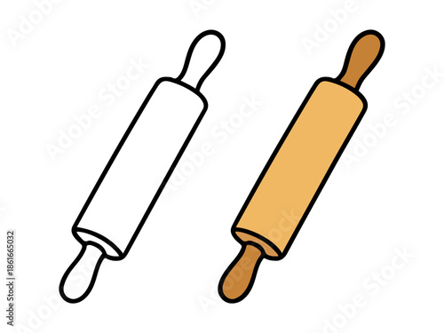 Simple rolling pin illustration with a colored version and an outline version, clean and minimal style suitable for icons, stickers, kitchen graphics, kids content, and coloring pages.