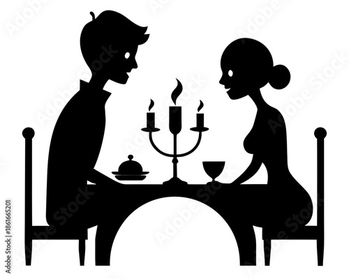 Candle light dinner couple silhouette vector illustration isolated on white background