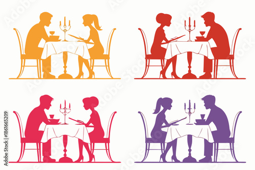 set of Candle light dinner couple silhouette vector illustration isolated on white background
