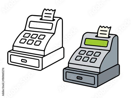 Simple cash register illustration with a colored version and an outline version, clean and minimal style suitable for icons, stickers, business graphics, kids content, and coloring pages.