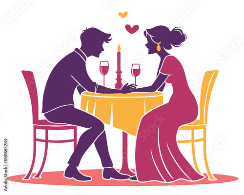 Candle light dinner couple silhouette vector illustration isolated on white background