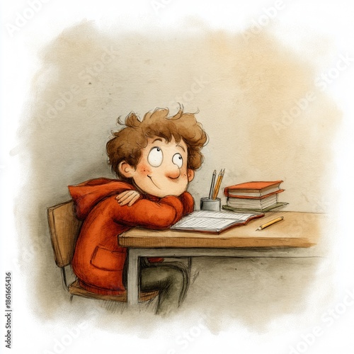Daydreaming Boy in Classroom Setting