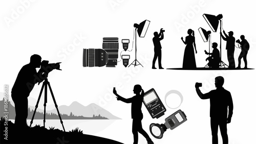 Silhouette of photographers capturing moments with cameras and lighting equipment.
