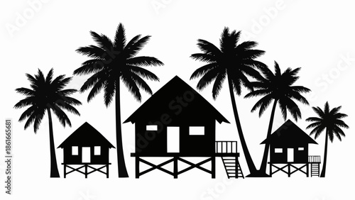 Silhouette of tropical beach huts and palm trees on white background.