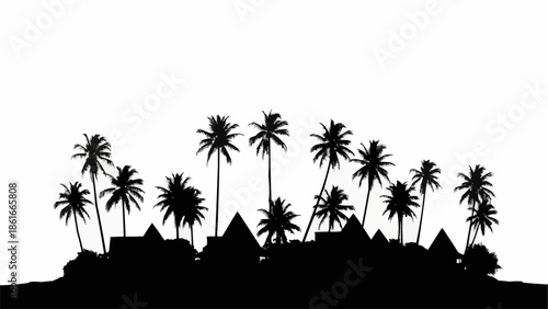 Silhouette of tropical island with palm trees and huts.
