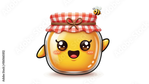 Adorable cartoon honey jar emoji with a smiling face and checkered lid.