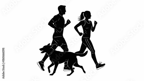 Silhouettes of a couple running with their dog outdoors.