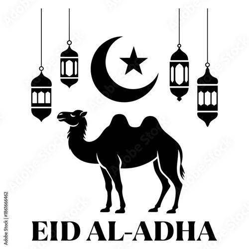 Islamic eid al adha camel crescent moon lanterns silhouette