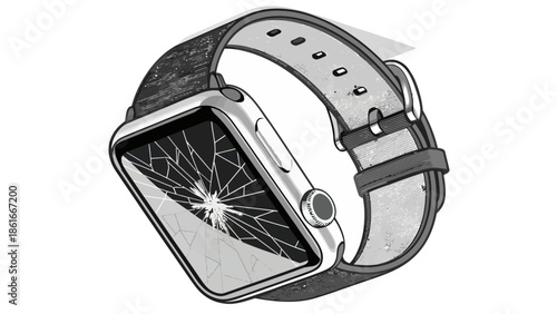 Damaged smartwatch with cracked screen and broken display