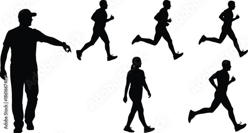 Silhouettes of a professional coach timing and directing a group of diverse male and female athletes running and walking outdoors.