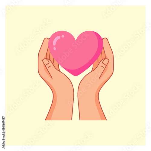 Hands holding a heart illustration on a pale background