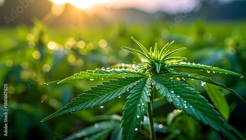 Close-up of cannabis plant with water droplets in a field at sunset.